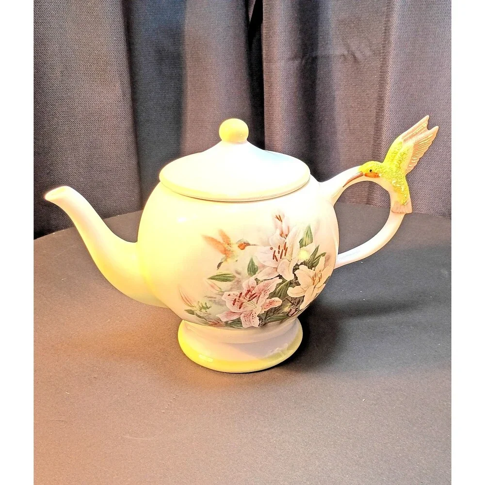 Vintage Hummingbird Lily Floral Teapot China Collectible Lina Lui Bird Decor Gif